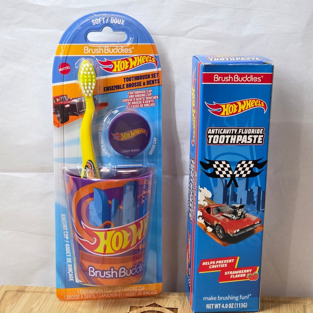 Hot Wheels Brush Buddies Toothbrush Set + Strawberry Fluoride Toothpaste Bundle